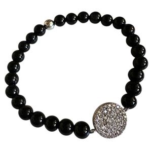 Classic 6mm Black Onyx Stretch Bracelet Silver Pave Connector Sterling Spacer
